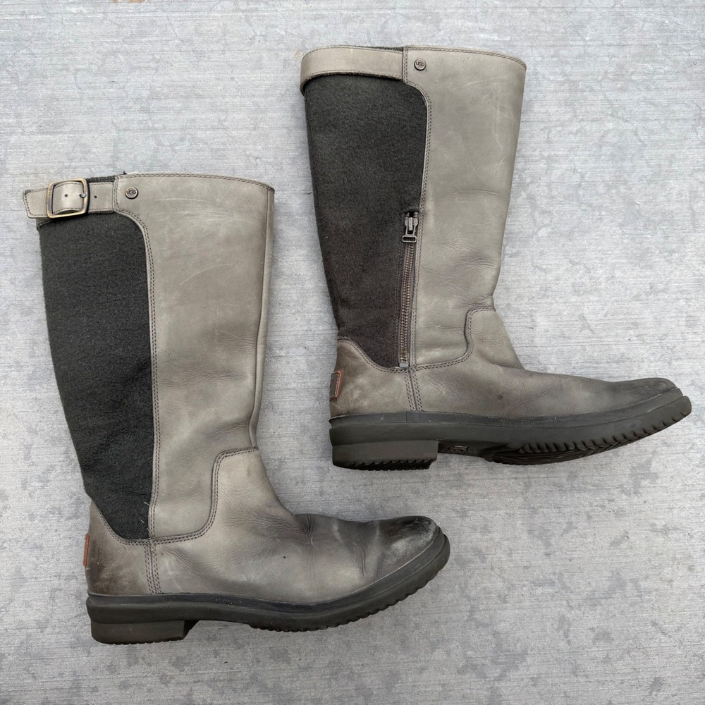 UGG Janina Waterproof Grey Leather Tall Boots Wool Back Buckle S/N 1017387 9